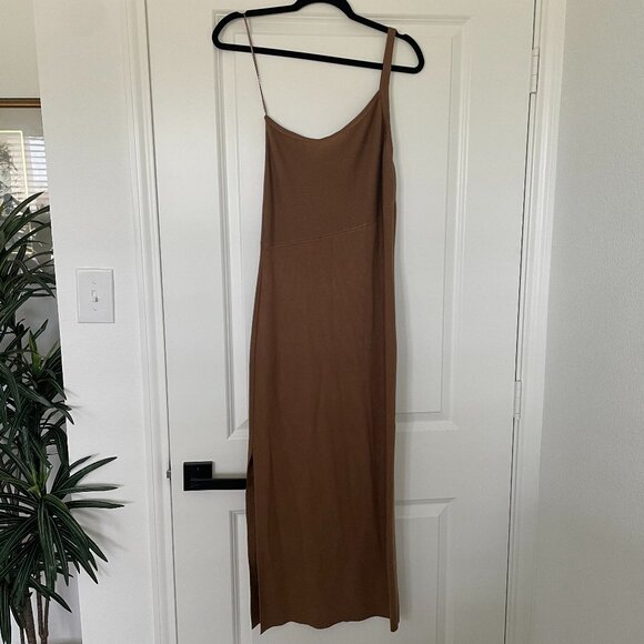 NEW Boho Glam House of Harlow 1960 Brown Ribbed One Shoulder Midi Dress Size M - Picture 2 of 6